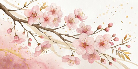Fototapeta premium Watercolor cherry blossom branch painting for spring season floral design and decoration art