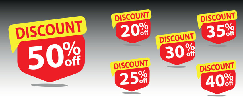 Discount buy now label pop-up banner  with different sale percentage. 20, 25, 30, 35, 40, 50 percent off price reduction badge promotion, red discount sale tags with percentages