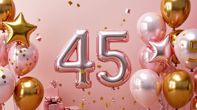 Celebratory balloon arrangement with inflated 45 and gold stars on pink background