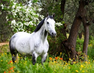 Obraz premium Grey horse in a spring meadow