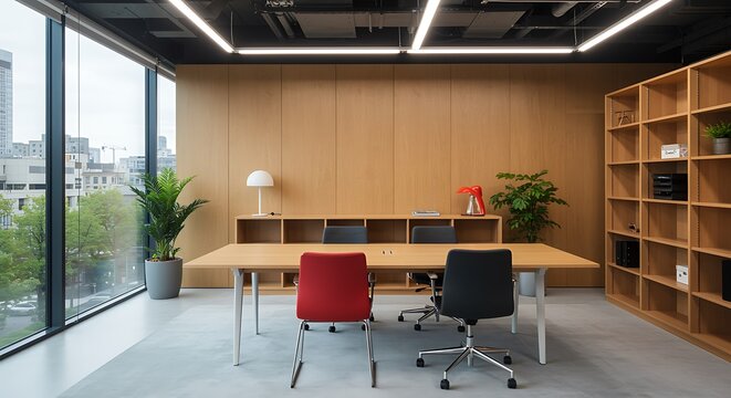 Modern office meeting room with natural light and city view, perfect for collaboration and productivity.