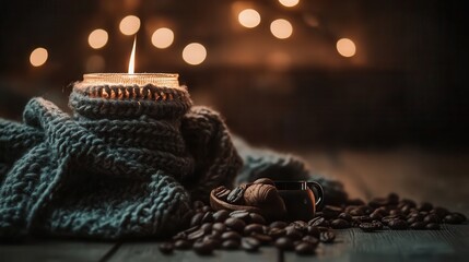 Cozy Candle with Coffee Beans and Warm Knit Blanket on Table