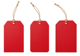 Three blank red gift tags with strings, isolated on transparent background