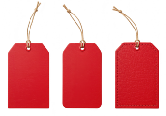 Three blank red gift tags with strings, isolated on transparent background