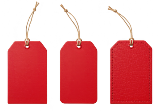 Three blank red gift tags with strings, isolated on transparent background