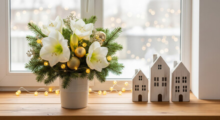 white amaryllis christmas arrangement on windowsill with miniature houses

