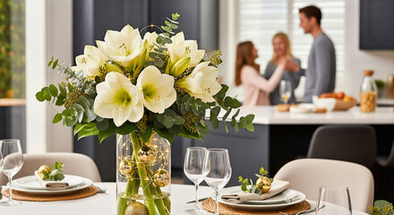white amaryllis flower arrangement in kitchen with family in background

