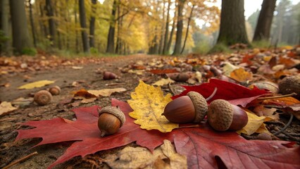 Close up Acorns and Colorful Autumn Leaves on Forest Path