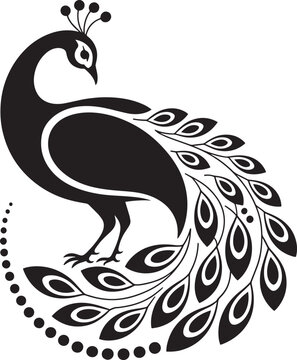 Stylized black and white vector illustration of a peacock with ornate tail feathers bird animal