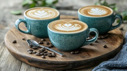 Cozy Coffee Cups with Latte Art on Wooden Tray and Coffee Beans