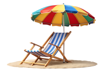 Beach chair and umbrella on sand isolated on transparent background, a perfect scene for summer vacation and relaxation by the sea