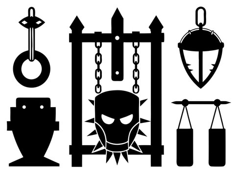 Set of medieval torture tools including shackles, iron mask, chains, guillotine, and iron maiden, black vector silhouette on white background