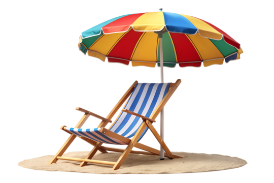 Beach chair and umbrella on sand isolated on transparent background, a perfect scene for summer vacation and relaxation by the sea - Powered by Adobe