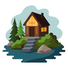 High detail vector cottage on river rocks with on background