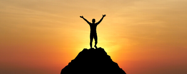 Victory on the Summit: A lone figure stands triumphant atop a mountain peak, arms raised towards a glorious, golden sunset, embodying the spirit of accomplishment and overcoming obstacles.