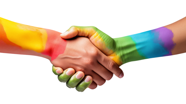 A close up of two hands shaking with rainbow colors painted on them against a transparent background