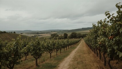 Naklejka premium Expansive vineyard rows stretch towards rolling hills under a cloudy sky