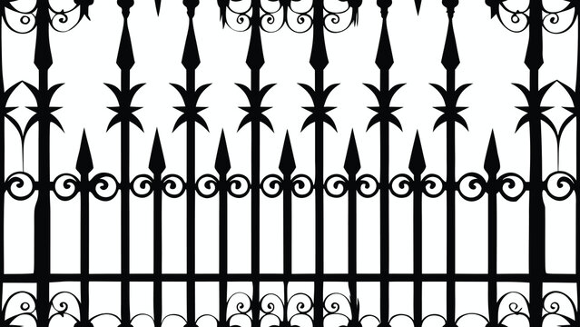 Black wrought iron fence with ornate scrollwork and pointed finials white