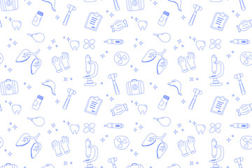 Blue outline seamless pattern with first aid, diagnostics tools, healthcare, emergency treatment, and medical science. Pattern includes a first aid kit, hands holding heartbeat symbol, microscope