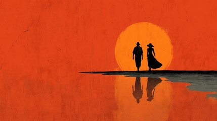 A serene minimalist beach scene at sunset, capturing a couple walking hand in hand, reflecting love and tranquility. Evokes themes of romance and connection.