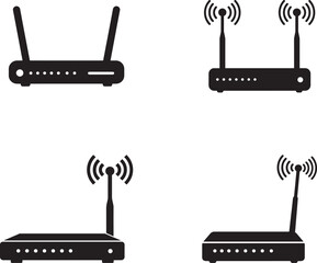 Wireless Router Icons:  Black Silhouette Set, Minimalist Design, Technology Concept.