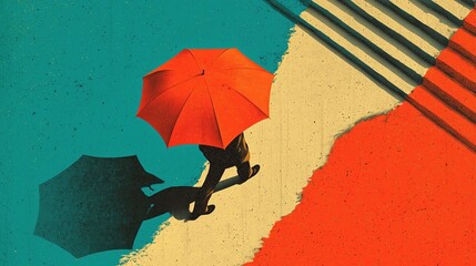A vibrant, high angle view, minimalist scene featuring a lone red umbrella against a backdrop of turquoise and orange, evoking a sense of solitude and tranquility. Ideal for summer vibes.