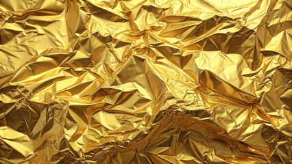 Textured golden foil material with crinkled surface isolated on white background