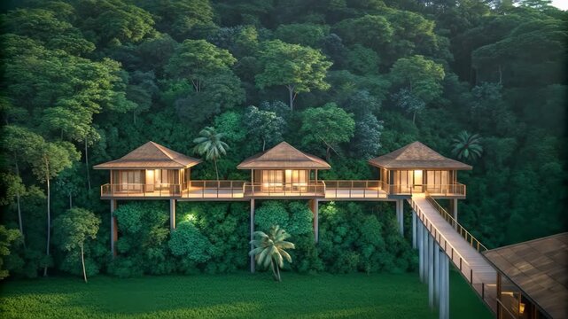 Luxury eco-friendly treehouse resort nestled in lush green rainforest, offering stunning views and serenity
