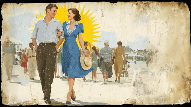 A nostalgic beach scene captures a couple strolling hand-in-hand under a radiant sun, evoking warmth, romance, and carefree summer days. Ideal for vintage-themed projects.