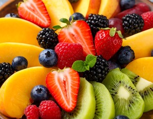 Obraz premium Colorful fruit platter with sliced peaches, kiwi, strawberries, blueberries, raspberries, blackberries, and grapes