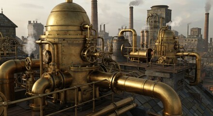 Obraz premium Golden Industrial Complex: An awe-inspiring industrial scene showcasing an elaborate network of golden pipes, structures, and machinery, creating a sense of intricate engineering and grandeur.