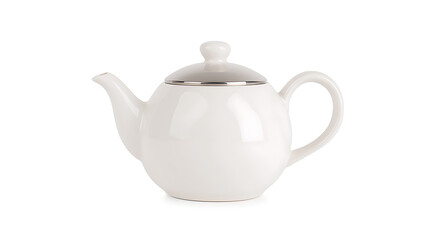Elegant white ceramic teapot with a rounded shape and a sleek, gray lid, isolated on a pristine white background, perfect for brewing a soothing cup of tea.