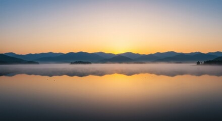 Serene Dawn Reflection: Capturing the tranquility of a new day as the sun begins to rise over a misty lake, reflecting the landscape in a breathtaking mirror image.