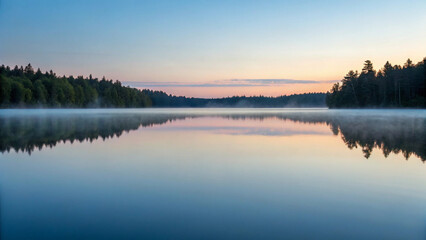 Fototapeta premium Peaceful lake sunrise reflection with lush forest and calming atmosphere in nature