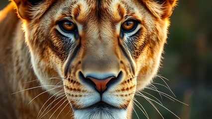 Obraz premium Lioness with a focused gaze, showcasing detailed fur under warm savanna sunlight.