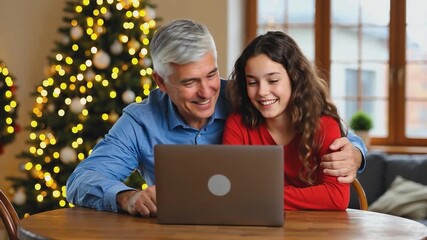 Smiling grandfather and granddaughter sitting at a wooden table using a laptop together, enjoying a video call in a cozy living room with a decorated Christmas tree in the background - Powered by Adobe