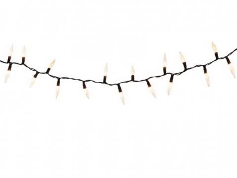 Curved string of white christmas lights isolated on transparent background