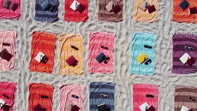 Beach Towels on Sand from Above: Summer Vacation