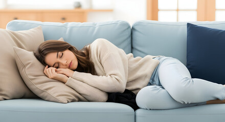 Woman peacefully sleeping on comfy couch at home relaxation nap