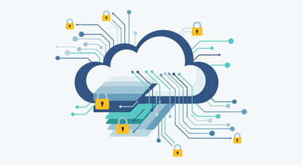A conceptual illustration of secure cloud computing, depicting a stylized cloud with interconnected data layers and multiple digital padlocks for robust protection.