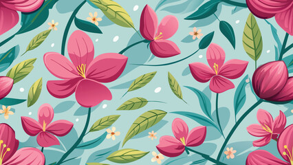 Pink and green floral pattern with stylized leaves and small white dots pink flowers