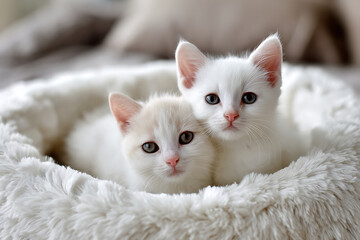 Two Adorable White Kittens Snuggling in a Fluffy Bed