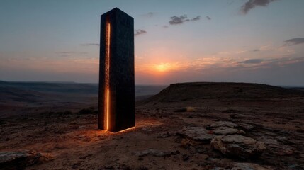 A black obelisk at sunset.