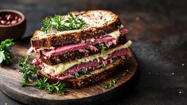 Generously filled corned beef sandwich on whole grain bread, garnished with herbs wooden board