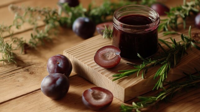 Plum jelly with herbs on wood.
