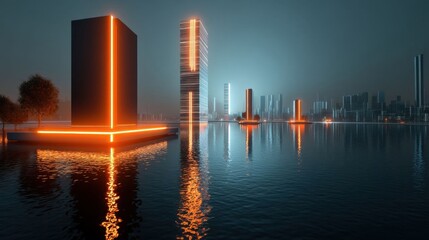 Futuristic towers glowing at night.
