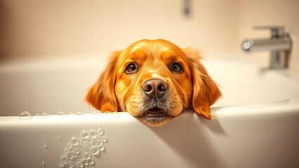 Golden retriever peeking from behind a bathtub with bubbles, capturing a playful and warm pet moment.