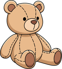 Cartoon teddy bear vector illustration, cute plush toy character with stitched details, children’s clipart for nursery and gift designs