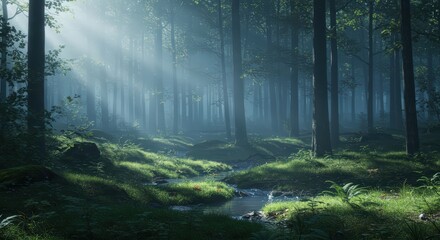 Obraz premium Misty forest sunlight