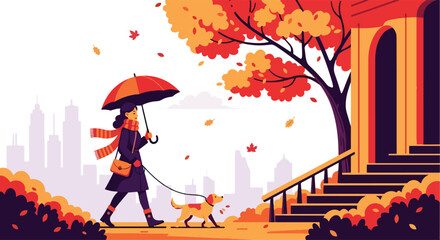 Adobe Illustrator Artwork Flat illustration of a woman walking her dog with an umbrella in an autumn city park with falling leaves and a warm cityscape background. Perfect for seasonal outdoor scenes